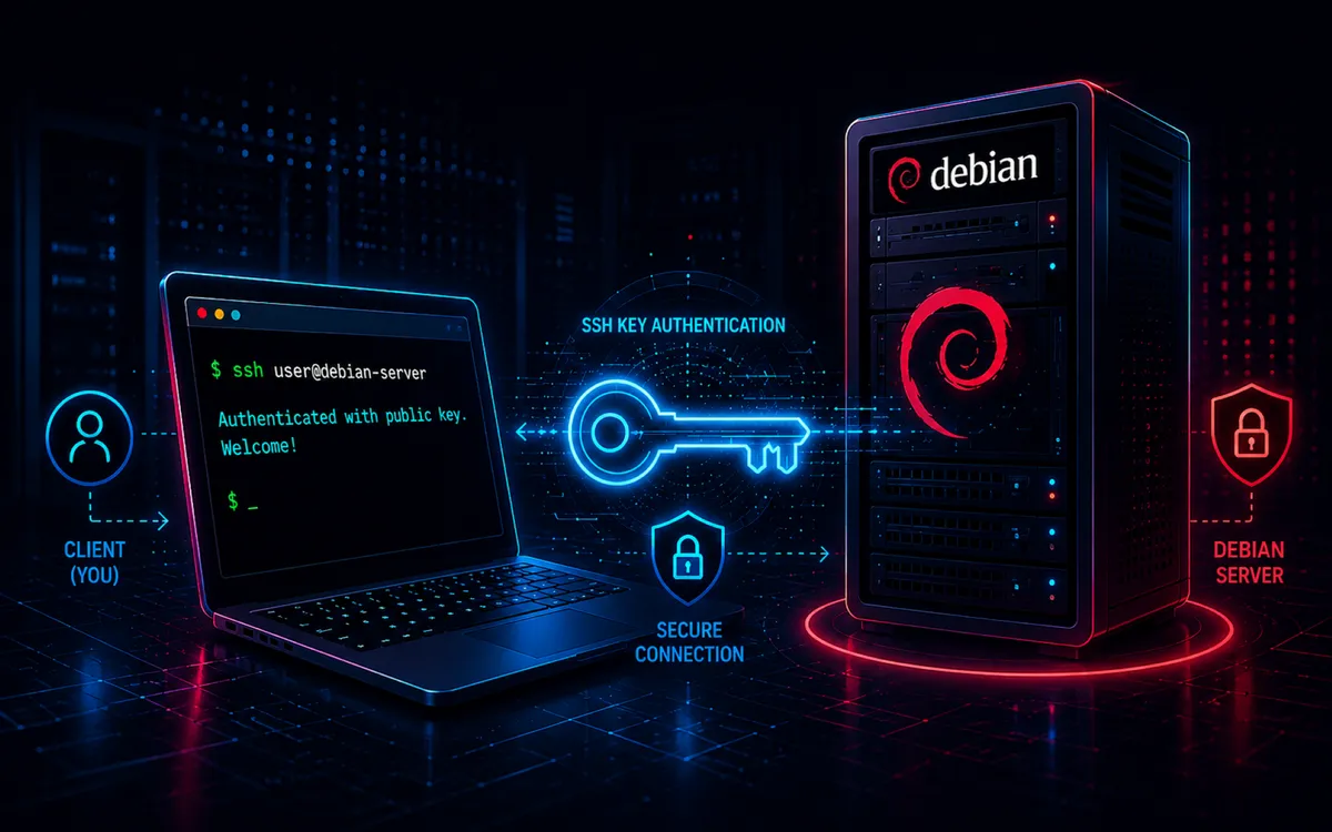 Illustration of a computer connecting securely to a Debian 13 server using an SSH cryptographic key instead of a password.