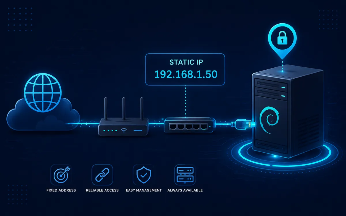 Illustration of a Debian server connected to a router and network using a manually configured static IP address.