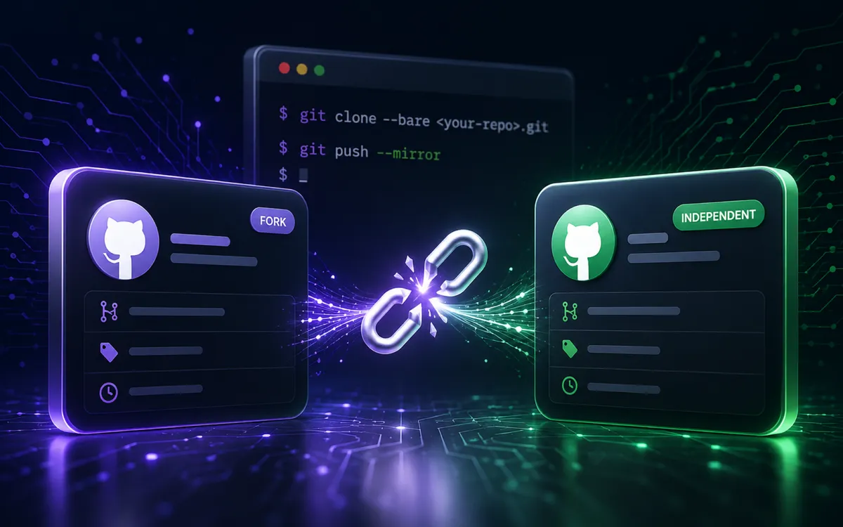 Git commit history branching away from an upstream repository to create an independent GitHub repository.
