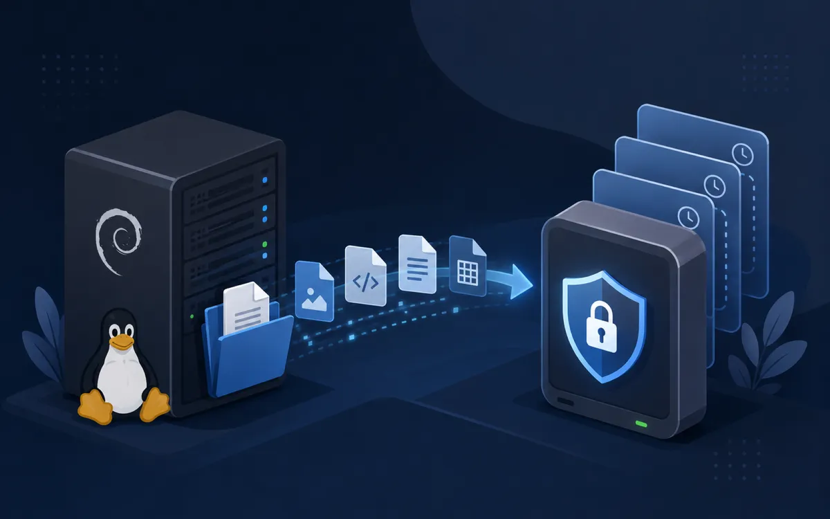 Illustration of a Debian Linux server sending files to a secure encrypted backup repository with multiple recovery snapshots.