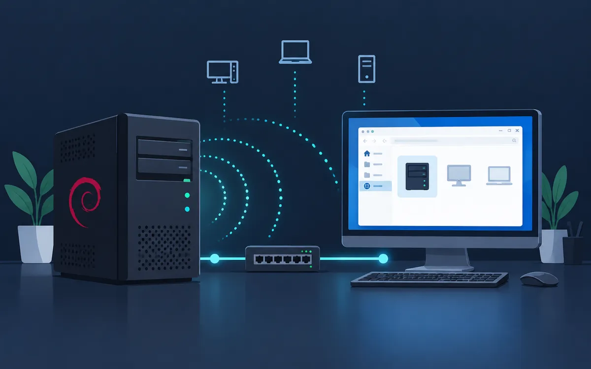 Debian server connected to a Windows computer over a local network, illustrating WS-Discovery network discovery with wsdd-native.