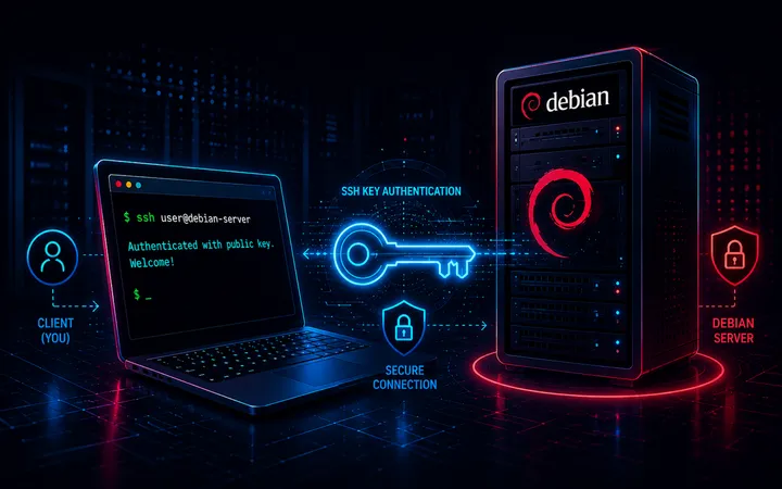 Illustration of a computer connecting securely to a Debian 13 server using an SSH cryptographic key instead of a password.