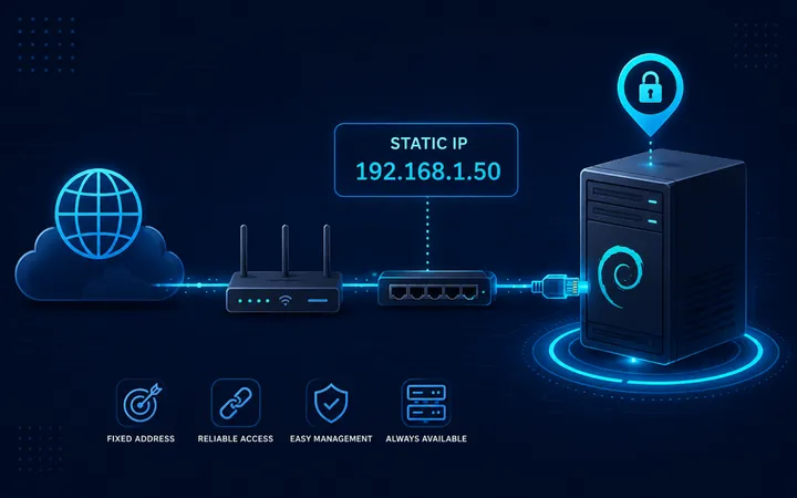Illustration of a Debian server connected to a router and network using a manually configured static IP address.