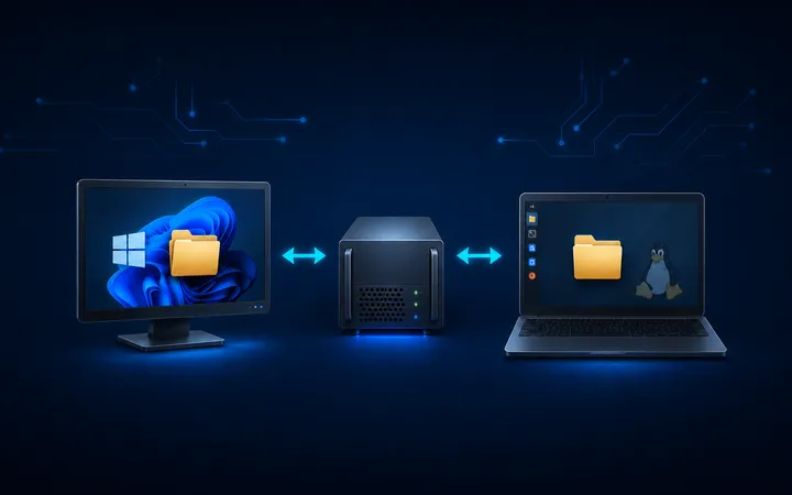 Debian server sharing a folder with a Windows computer over a Samba network connection.