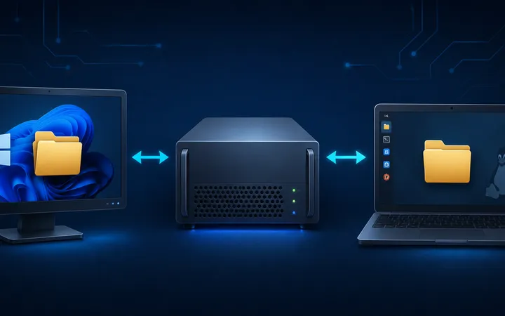 Debian server sharing a folder with a Windows computer over a Samba network connection.