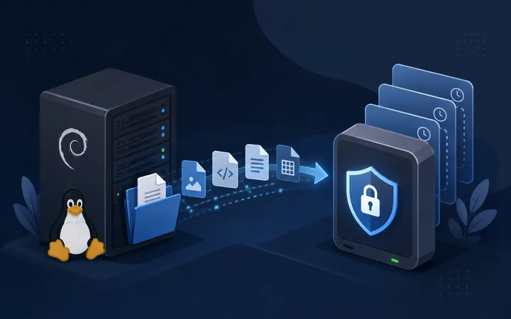 Illustration of a Debian Linux server sending files to a secure encrypted backup repository with multiple recovery snapshots.