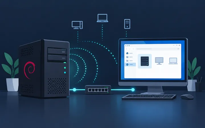 Debian server connected to a Windows computer over a local network, illustrating WS-Discovery network discovery with wsdd-native.