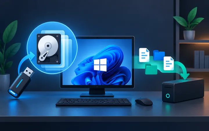 Windows 11 workstation with a bootable USB and disk image representing Clonezilla system recovery, alongside files being backed up to external storage representing Restic.
